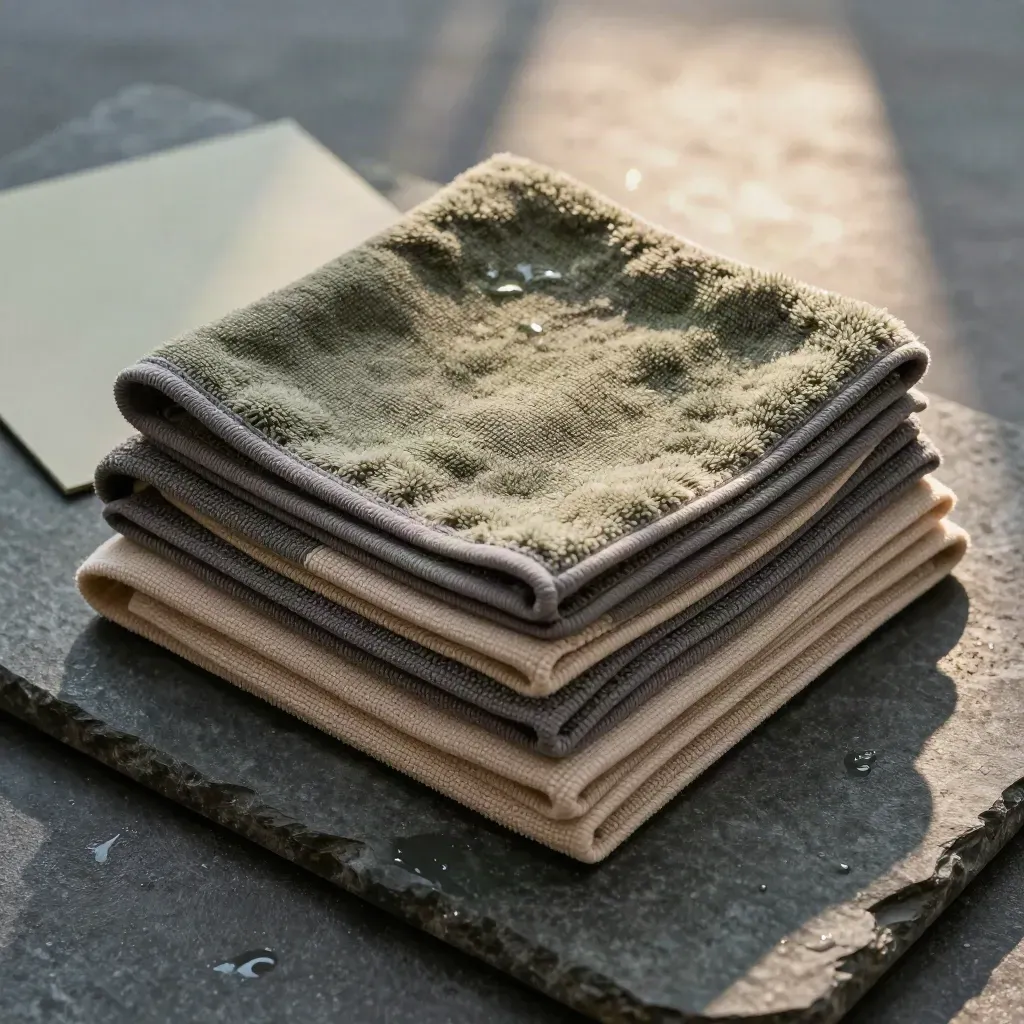 Üstten çekilmiş, hafif nemli altı mikrofiber temizlik bezi.